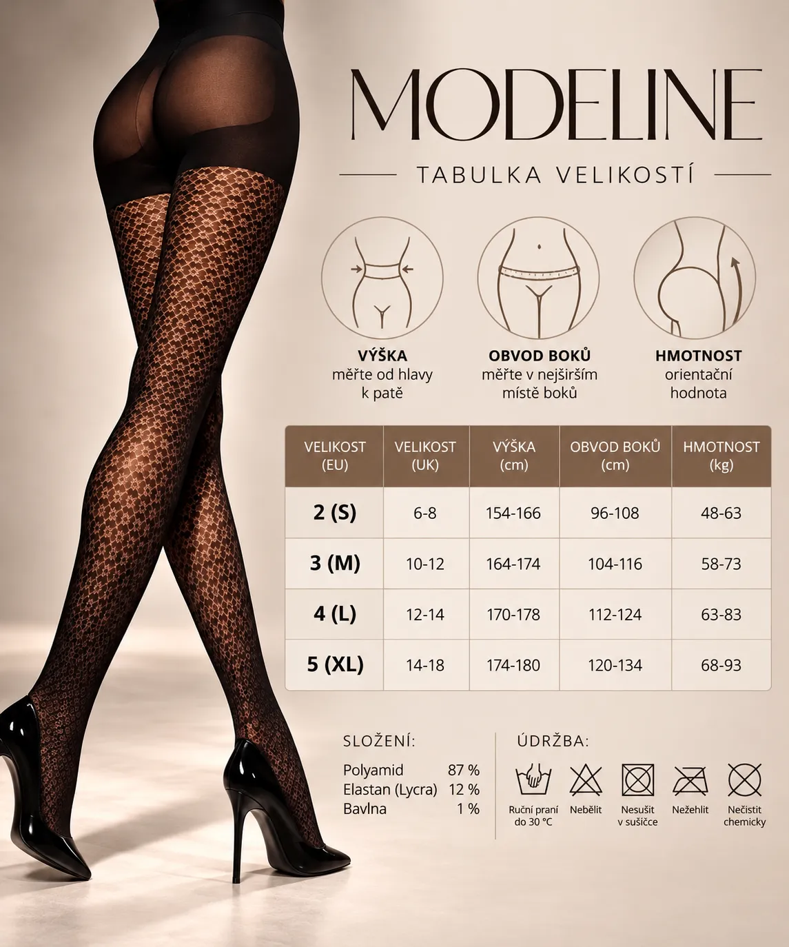 MODELINE 09 - vzorované punčochové kalhoty s push up efektem, 40 DEN, černé, velikosti od S do XL