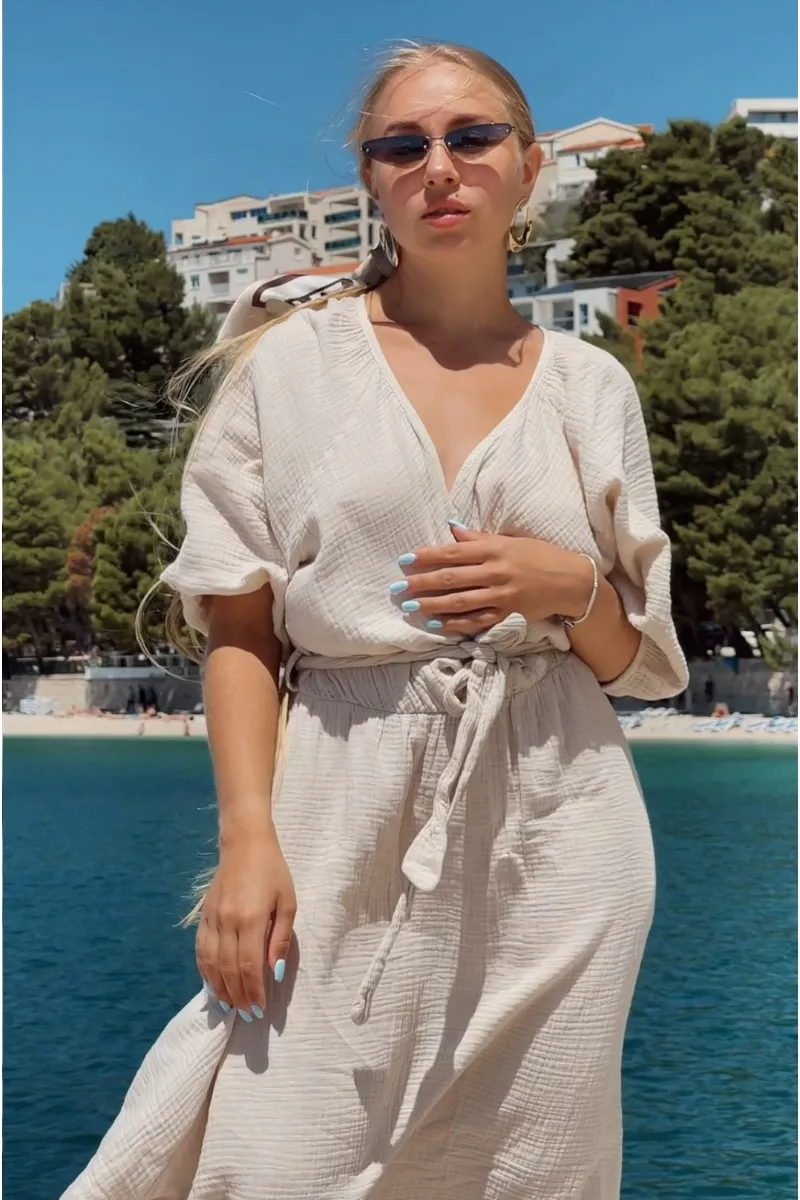 JESSICA - dlouhé mušelínové šaty - mandlová, sedne od velikosti XS do XL