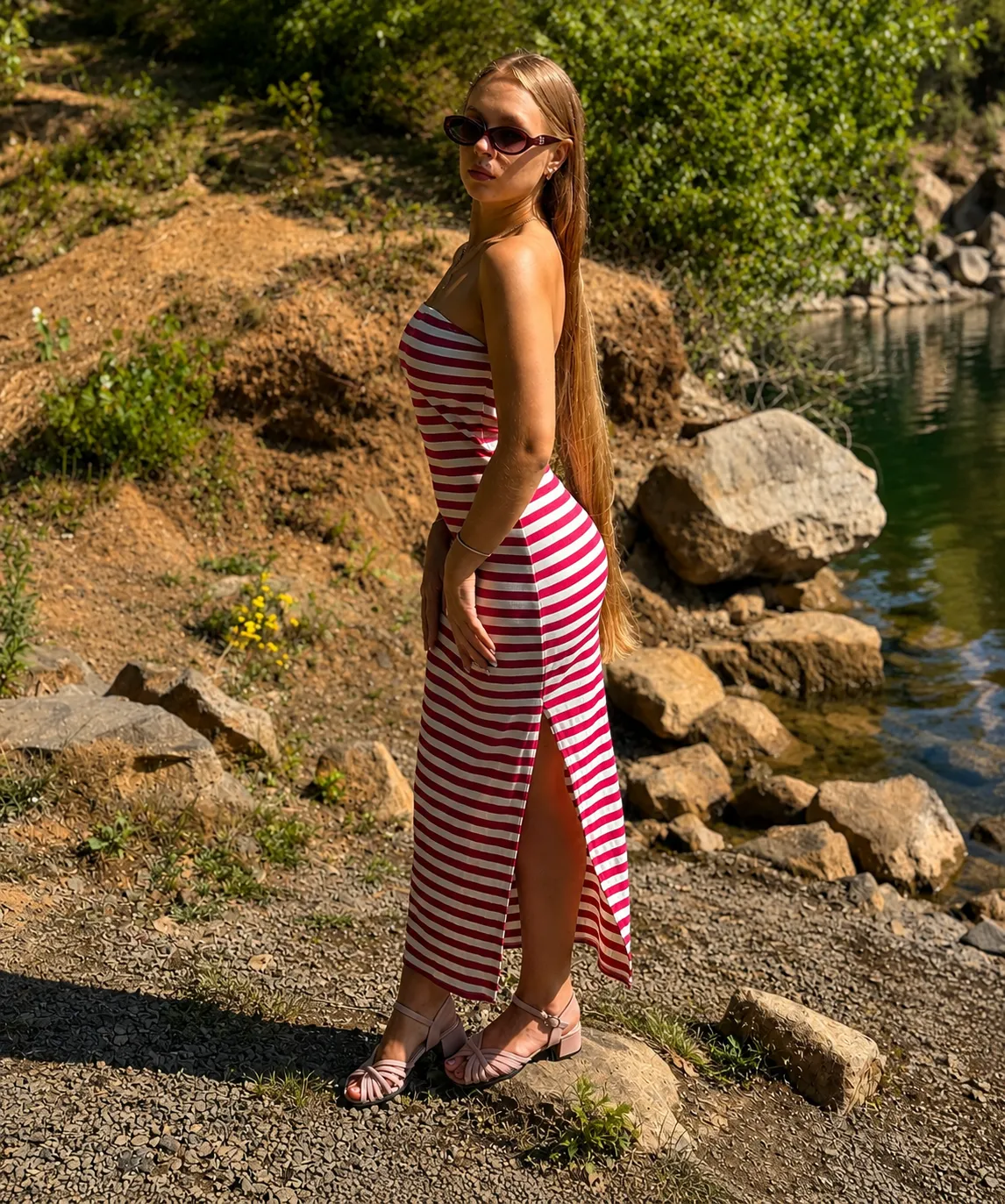 SUMMER - pruhované šaty, malinová - velikost sedne od S do M