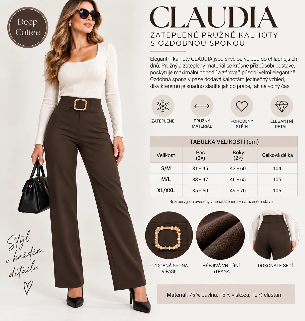 CLAUDIA - zateplené pružné kalhoty s ozdobnou sponou - deep coffee, velikost S/M