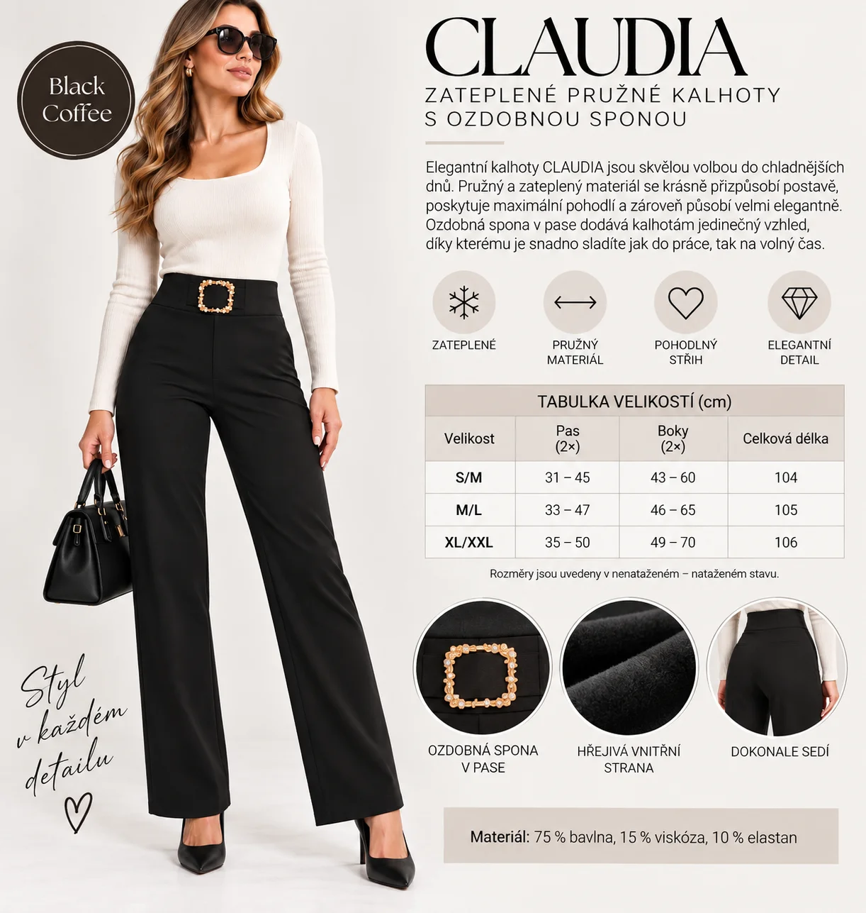 CLAUDIA - zateplené pružné kalhoty s ozdobnou sponou - black coffee, velikost M/L
