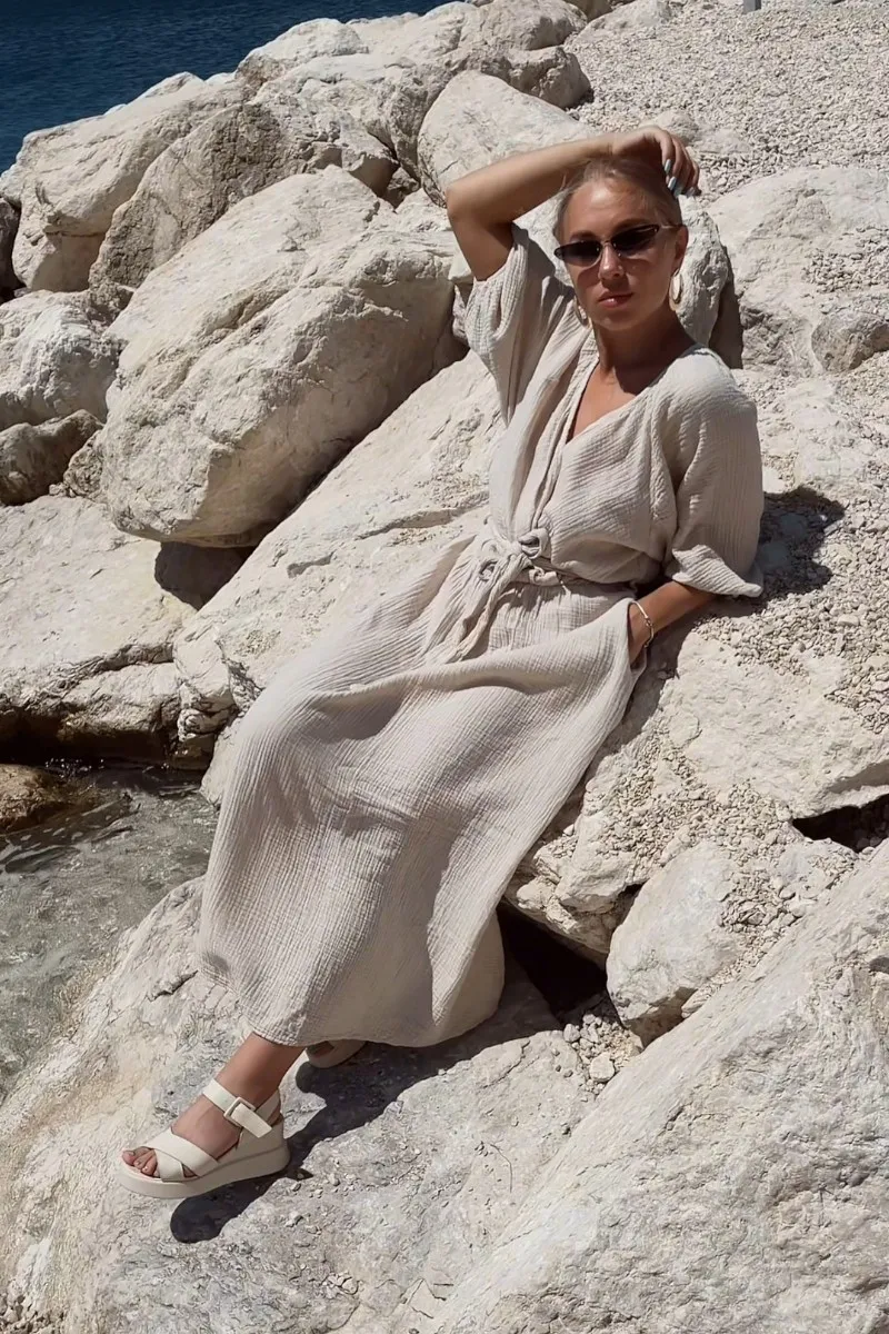 JESSICA - dlouhé mušelínové šaty - mandlová, sedne od velikosti XS do XL
