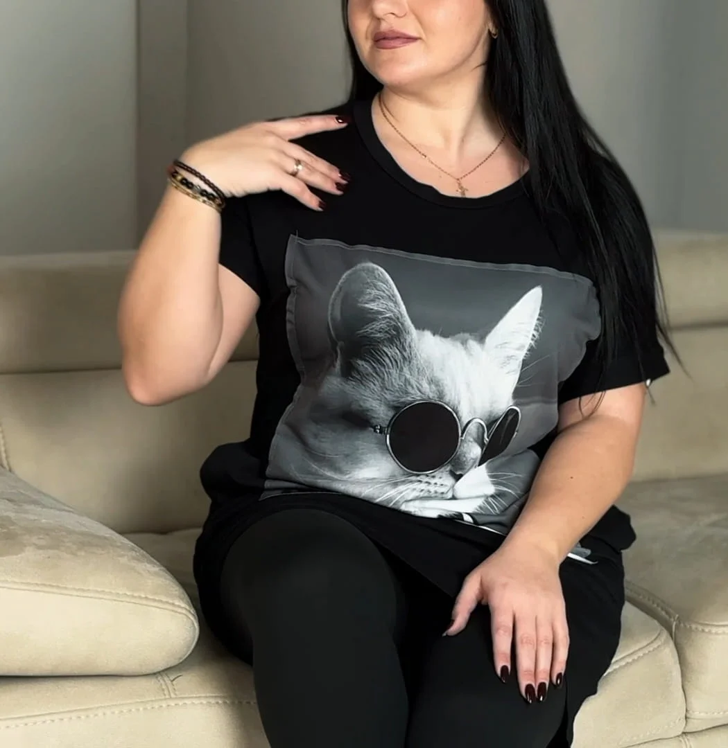 Catish - PLUS SIZE tunika s kočičím potiskem, sedne do velikosti 48