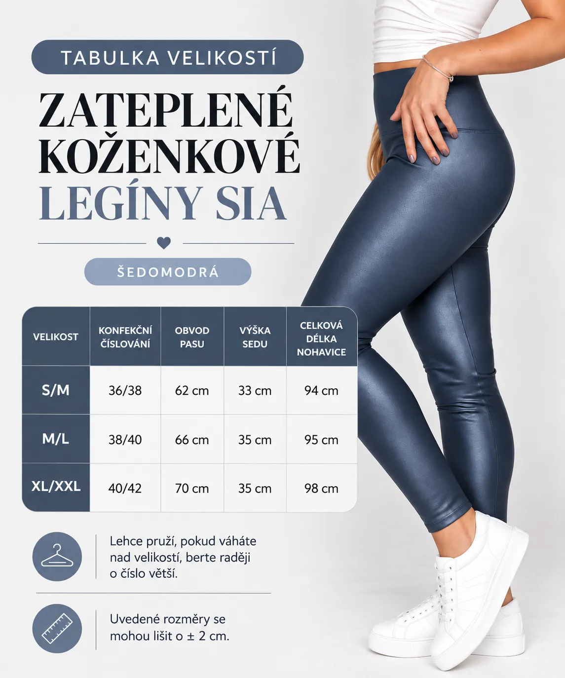 SIA zateplené koženkové legíny – šedomodrá, matný vzhled, velikosti od S do 2XL