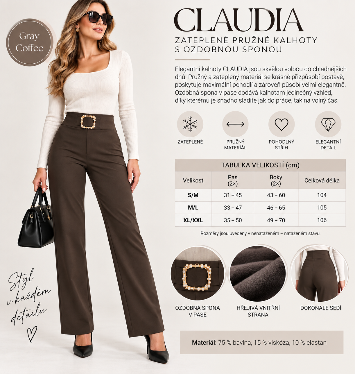 CLAUDIA - zateplené pružné kalhoty s ozdobnou sponou - gray coffee, velikost S/M
