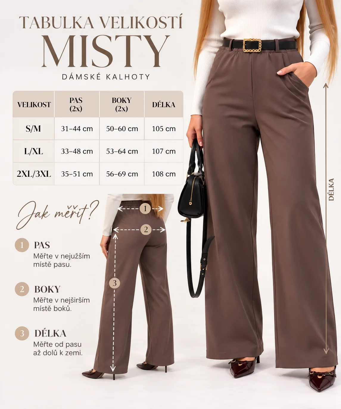 MISTY - široké bavlněné kalhoty s páskem - černá, velikost L/XL