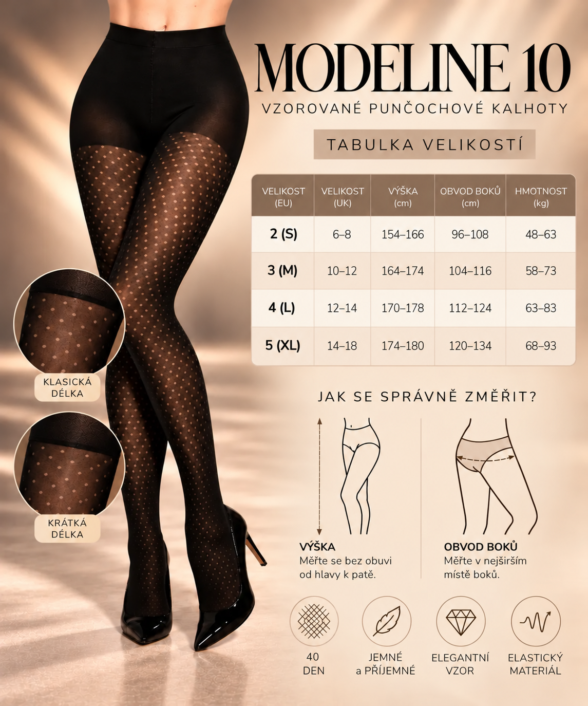 MODELINE 10 - vzorované punčochové kalhoty s push up efektem, 40 DEN, černé, velikosti od S do XL