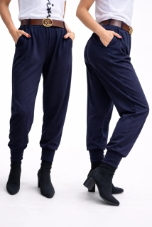 SOPHIA - stylové kalhoty s páskem, tmavě modrá, velikost sedne od S do L